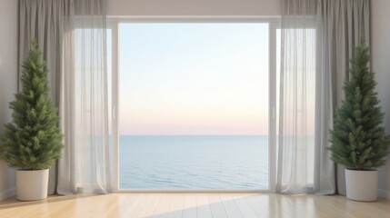 Serene Coastal View Through Large Window with Potted Greenery