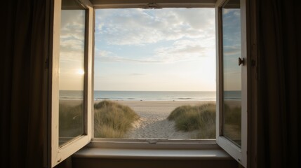 Serene Beach View from Open Window at Sunset with Gentle Waves