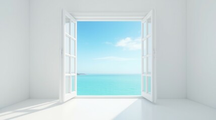 Fototapeta premium Bright and Airy Room with Open Windows Overlooking the Sea