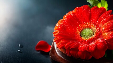 Vibrant red gerbera daisy glows softly dark background. AI Generated