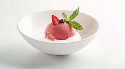 Strawberry sorbet dessert, creamy topping, mint garnish, white bowl