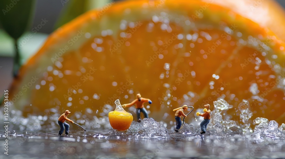 Poster miniature figures engaged in playful activities with an orange slice, creating a vibrant splash effe