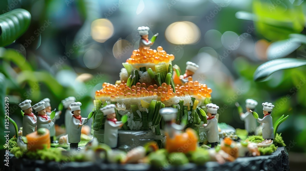 Aufkleber miniature chefs create an elaborate sushi display in a lush garden setting with vibrant greenery