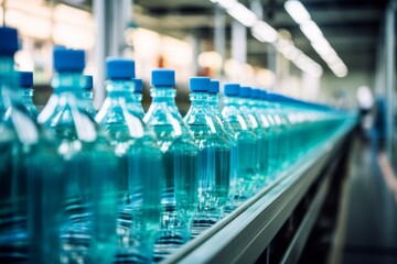 Line of plastic bottles on a assembly line