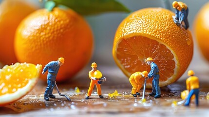 Miniature workers harvesting and cleaning orange slices in a vibrant kitchen setting