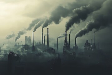 Industrial skyline with factories emitting dense toxic clouds into the air