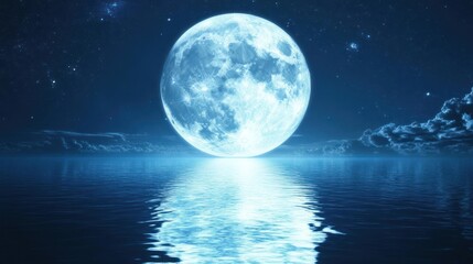 Full moon reflecting on tranquil ocean waters at night
