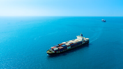 Aerial view of the freight shipping transport system cargo ship container. international...