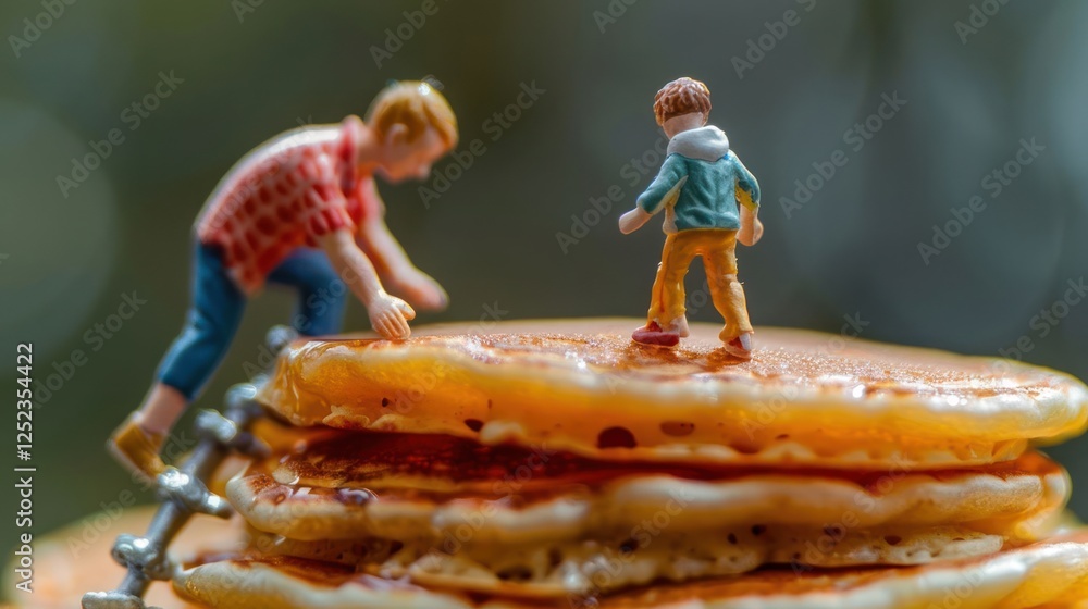 Poster miniature figures climbing a stack of pancakes in a whimsical breakfast scene with blurred backgroun