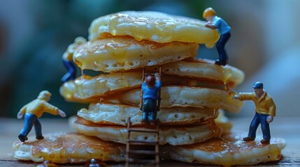 Miniature figures working together to stack pancakes with syrup in a cozy kitchen setting