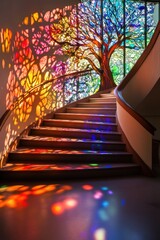 Colorful stained-glass tree staircase, interior building, light reflections