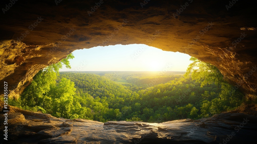 Poster view of a lush green forest from inside a cave with sunlight filtering through the trees