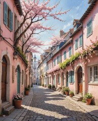 Fototapeta premium Trendy spring landscape. Quiet city street with blooming pink trees.