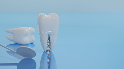 Dental care hygiene, Oral dentistry health, Molar teeth and dentist tools on blue background. 3d render. 