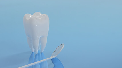 Dental care hygiene, Oral dentistry health, Molar teeth and dentist tools on blue background. 3d render. 