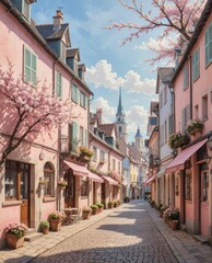 Fototapeta premium Trendy spring landscape. Quiet city street with blooming pink trees.