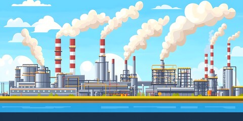 Obraz premium Industrial skyline with factories emitting dense toxic clouds into the air