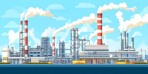 Obraz premium Industrial skyline with factories emitting dense toxic clouds into the air