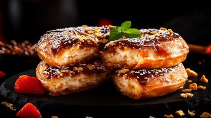 Delicious caramel donuts stacked high warm golden light. AI Generated
