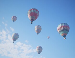 Fototapeta premium Colorful Hot Air Balloons Soar Through a Clear Blue Sky on a Sunny Day, A Breathtaking Aerial View of Summer