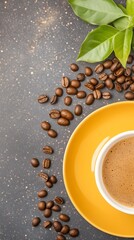 Obraz premium Warm light illuminates rich brown coffee beans scattered near a steaming cup. AI Generated