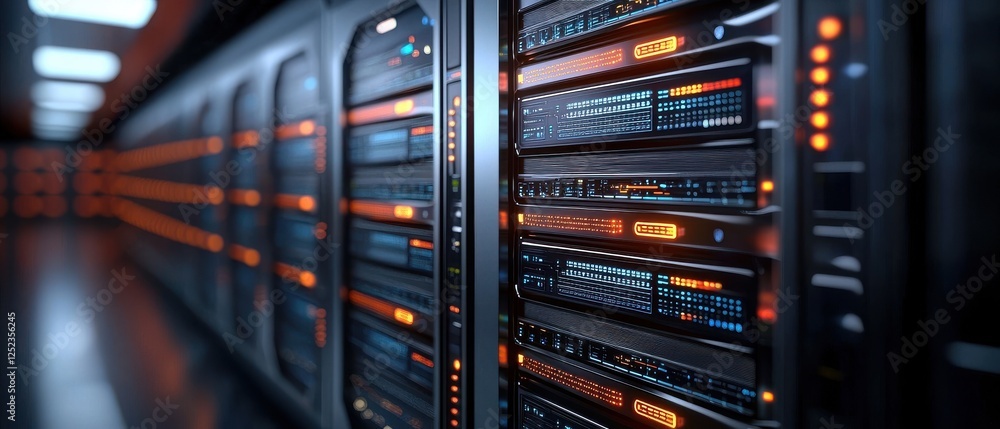 Poster a close-up view of a modern server rack, featuring illuminated panels and intricate circuitry in a d