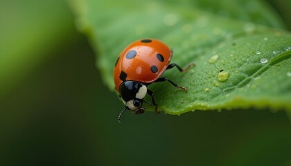 Fototapeta premium Ladybug on leaf nature close-up garden macro photography insect behavior