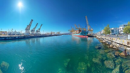 Naklejka premium Vibrant Port Scene Under Clear Blue Sky