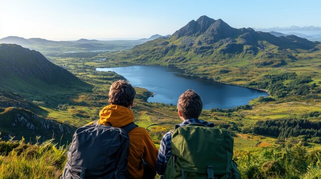Young couple sitting on a hill with backpacks enjoying scenic view during hiking adventure