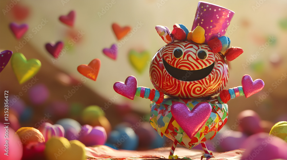 Poster a candy wrapper character with heart patterns