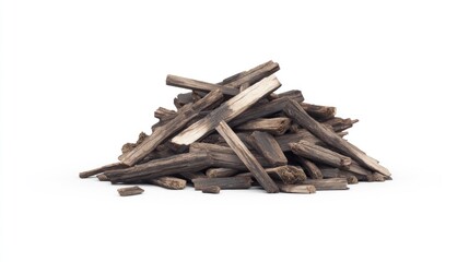Dark wood chips pile, isolated, white background, fuel