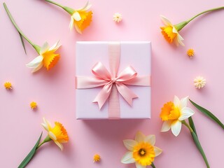 Spring Delight: Gift Box Surrounded by Daffodils on pink background