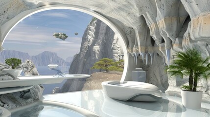 Futuristic Cave Bathroom with Mountain Lake View