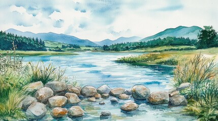 Serene lake, mountain view, summer landscape, calm water, nature scene; ideal for travel brochure