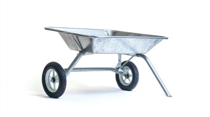 Metal wheelbarrow on white background, gardening tool (1)
