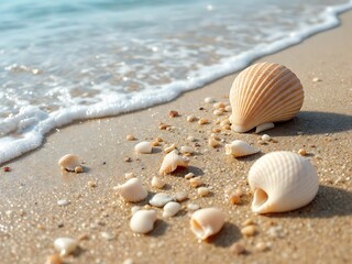 Seashells on Sandy Beach with Ocean Waves