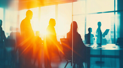 Fototapeta premium Silhouettes of business professionals in a modern meeting room with a double exposure effect, golden light reflections on a glass wall. Stylish minimalist composition with soft shadows, clean sharp fo