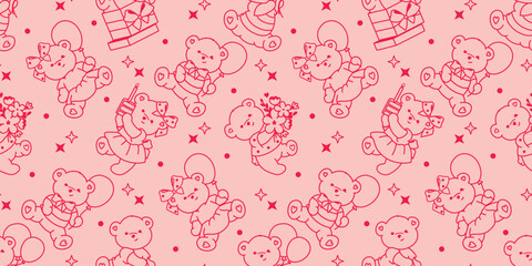 Seamless background with cute bears celebrating a birthday party. Adorable sweet pink wallpaper. Monochrome line art graphic . Perfect for endless girly designs, gift wrap or fabric