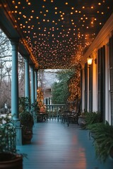 Fototapeta premium Festive porch lights, evening ambiance, home exterior, holiday decorations