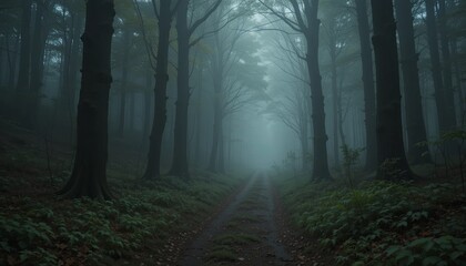 Obraz premium Mysterious foggy forest path serene nature scene gigapixelcgi tranquil environment enigmatic view