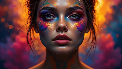 Obraz premium Vibrant face art portrait studio digital art colorful close-up creative expression