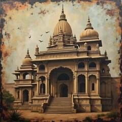 Fototapeta premium A high-definition image of grunge mural art depicting intricate Indian architecture. The weathered textures and faded colors give a rustic, vintage feel to the ornate designs and structures