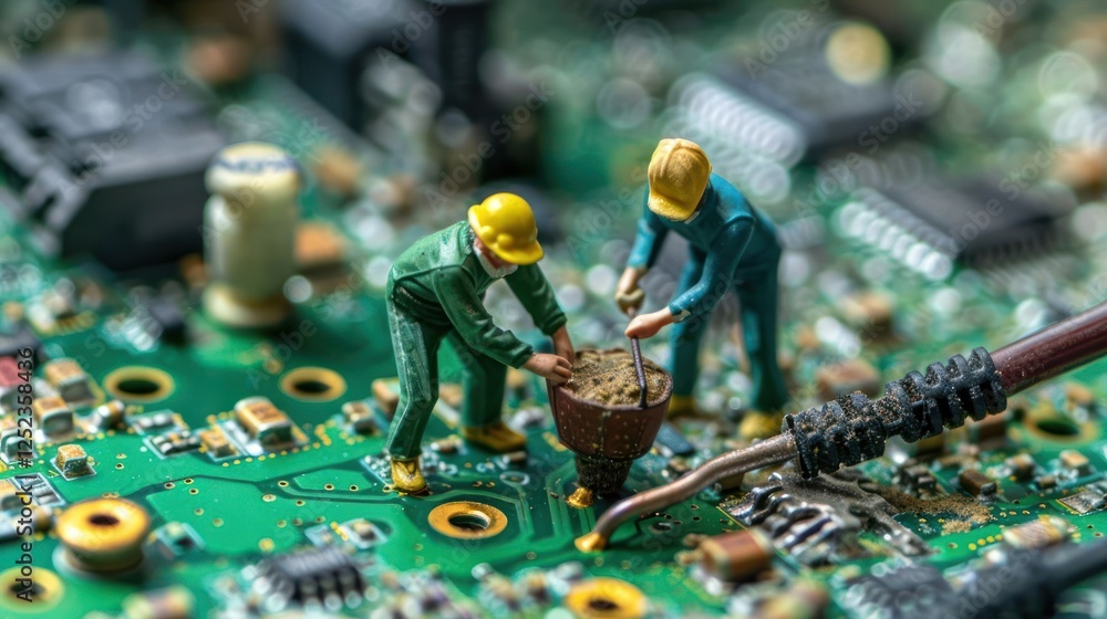Poster two miniature figures working on a circuit board, surrounded by electronic components and tools