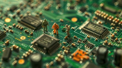 Miniature figures working on a circuit board, showcasing technology and innovation in a detailed setting