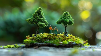 Miniature figures holding hands on a mossy base surrounded by lush greenery and soft bokeh