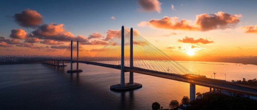 Drone shot of the mumbai marine bridge spanning over a calm body of water during daylight hours