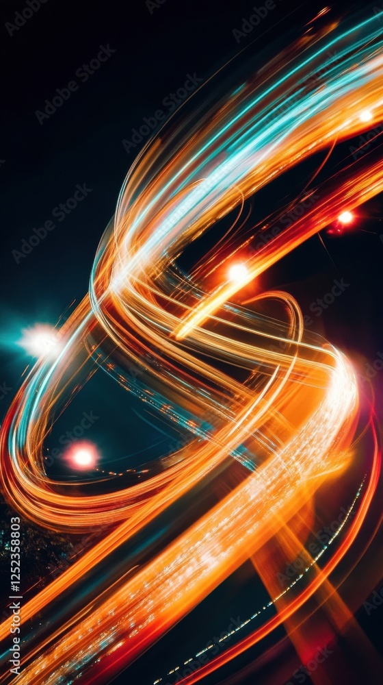 Poster dynamic light trails flowing across dark space, energetic light patterns. vertical