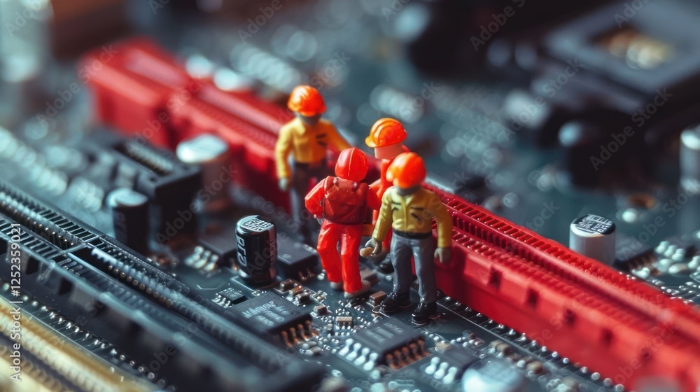 Poster miniature workers inspecting a computer motherboard with vibrant colors and intricate details