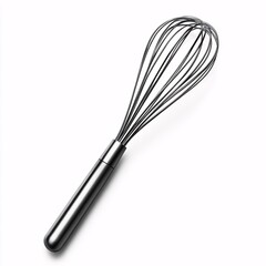 A sleek metallic whisk isolated on white background