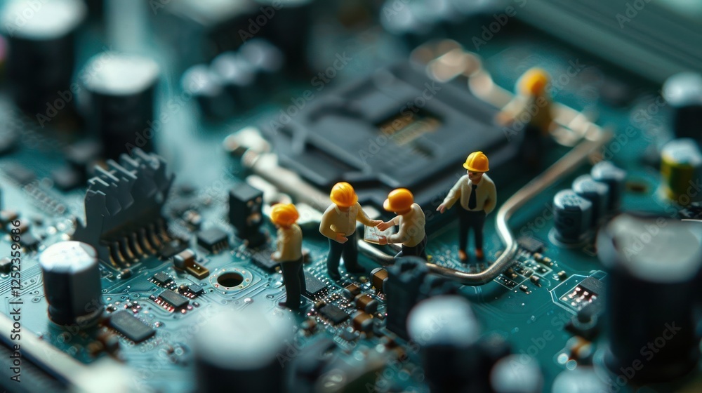 Poster miniature workers repairing a circuit board in a tech environment with intricate details